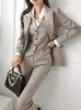 Women's Two Piece Pants Korean Fashion Women Blazer 3 Pcs Vintage Long Sleeve Suit Jackets Vest and Straight Pants Suit Female Chic Business Outfits 230926