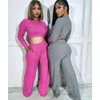 2023 Fall Yoga Active Tracksuit Women Casual Two Piece Set Solid Color Long Sleeve T-shirt Crop Top And Wide Leg Straight Pants Sweatsuit Outfit