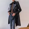 Skórzanie damskie oryginalny płaszcz dla kobiet 2023 Trend Wysokiej klasy podwójnie piersi Slim, długie prawdziwe kurtki owczelne z paskiem