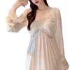 Mulheres sleepwear puro sexy camisola de seda gelo manga longa saia primavera outono renda francesa camisola senhora casa dormir vestido