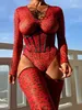 Sexy Set Leopard Bodysuit with Stocking Deep v Lace Up Body Red Seamless Long Sleeve Top Sexy Rompers Garter 3 Piece Outfit 230808