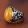 Bague en acier inoxydable Vintage motif filigrane ovale pierre jaune pour hommes femmes #7 - #12 avec sac en velours 260L