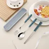 Conjuntos de louça de aço inoxidável Conjunto de talheres portáteis com caixa de armazenamento Trigo Palha Garfo Colher Chopsticks Camping