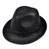 Cappelli a tesa larga Moda Vera Pelle Gentiluomo Cappello Fedora Uomo Autunno Inverno Solido Nero Vintage Papà Chapeau Berretto in pelle di vacchetta Panama Jazz269E