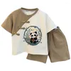 Roupas étnicas Kawaii Khaki Vermelho Redondo Pescoço Botões Artesanais Panda Impressão Tang Terno Tops Calças Meninos Verão Trajes Chineses para