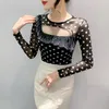 Women's T Shirts Women's Autumn Winter European Clothes Point T-shirt Women Chic Sexy Print Patchwork Ruffles Diamonds Tops Long Sleeve