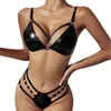Bras Sets Women Fashion Lingerie Pu Leather Latex Erotic Temptation Set With Chain Linked Hand Ring Sexy Body