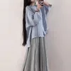 Roupas étnicas 2023 verão elegante fivela azul solta manga longa top blusa saia chinês tradicional tang terno para mulheres doce ao dai