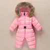 Rompers Russian Winter Baby Romper Real päls huva pojke tjock tjej spädbarn snökläder ner jacka barn skiddräkt vattentät parka xmp255 230925