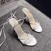 Dress Shoes 2023 Women Sandals Hollow Tied Square Toe Fashion White Leather Peep Ankle Strap Ladies Thin High Heels