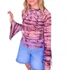 Women's T Shirts Women Y2K Tie Dye Print Tops Long Flare Sleeve Round Neck Smocked Slim Fit Fall Blouses Streetwear