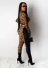 Leopard tryck två stycken byxor Kvinnor Casual Zip Cross Top och Legging Set Tracksuits Free Ship