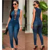 Barboteuses Nouveau Style 2XL taille Denim barboteuses salopette femmes jean maigre Sexy bleu à lacets col en V sans manches Denim combinaisons body 2023 L230926