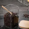 Boîte à grains de café, pot carré avec cuillère, pot en verre à haute teneur en borosilicate avec couvercle en bambou, récipient de stockage des aliments scellé, boîte d'assaisonnement de cuisine