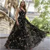 Party Dresses 2023 Women Deep V-Neck Sexy Evening Gowns A-Line Flowers Long Black Simple Formal Dress Exquisite Lace Prom