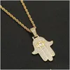 Pendant Necklaces Iced Zircon Hamsa Hand Copper Material Gold Sier Fatima Palm Necklace Hip Hop Jewelry For Men Women Drop Delivery Pe Dht3M