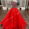 One-Shoulder Ballgown Girl Pageant Dress 2024 Crystals Ab Stones Little Kid Birthday Formal Party Gown Spädbarn Toddler Teens Tiny Young Junior Miss Red Aqua Yellow