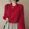 Kvinnors tröjor Korea chic hösten fransk rund nackspänne Löst kort stickad tröja Cardigan Coat Women Jumper