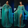Runway Dresses Fancy Turquoise Green Prom Beaded Side Split Evening Dress Custom Made Lace Crystals Party Gown
