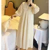 Women's Sleepwear Delicate Vintage Beige Cotton Long Nightgowns Elegant Three Quarter Loose Nighty Spring Autumn Home Dress