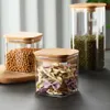 1 lot de 6 bocaux carrés en verre, boîte de grains avec couvercle en bambou, récipient de stockage des aliments scellé, boîte de rangement de cuisine en verre à haute teneur en borosilicate, bouteille d'assaisonnement pour collations