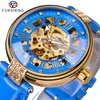 Forsining – montre-bracelet mécanique automatique pour femmes, marque de luxe, mode, boîtier doré, squelette, horloge, bleu, cuir véritable, 3083