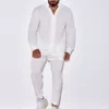 Solid Color V-Neck Långärmad skjortabyxor Tvådelar Set Fashion Simple Casual Sports Cotton Linen Dreable Suit Men's