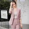 Kvinnors tvåbitar byxor Kvinnlig vit rutig blazer Kvinnor Business Suits Pant and Jacket Set Ladies Work Pants Office Uniform Styles