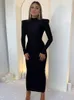 Basic Casual Dresses Hugcitar Solid Long Sleeve With Shoulder Pads Turtleneck Maxi Dress Year Women Fashion Streetwear Elegant Skinny 230926