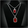 Other Jewelry Sets 2Pcs Ruby Necklace Set Sier Gold Plated Iced Out Square Red Pendant Hip Hop Box Chain Drop Delivery Dhr5O