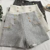 Damen-Shorts aus Tweed, Herbst und Winter, hohe Taille, zweireihig, mit Ketten, gepatcht, aus Wolle, SMLXL