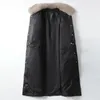 Kvinnors läderdown jacka vinter mid längd kappa svart spetsar upp midje samling temperament mink krage vit anka