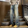 Mäns jeans amerikansk broderi rippade high street tiggar byxa sommar tunna ruffian stilig lös bred benbyxor manliga kläder 230926
