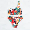 Costumi da bagno da donna 2023 Sexy stampato una spalla bikini brasiliano da donna vestito a due pezzi tinta unita vita alta perizoma costume da bagno da spiaggia