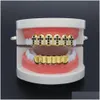 Grillz Dental Grills Nuevo Chapado en oro Iced Out Black Cz Rhinestone Hip Hop Dientes para tapas bucales Conjunto de parrilla inferior superior Vampire Drop Deliv DH2K6