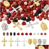 Akrylplast Lucite Cross Rosary Necklace Making Kit med Cinnabar Rose Bead Wood Glass Pearl Oval Center Link Connectors Charm DIY DHBUG