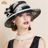 Berets Summer Black and White Elegant Linen Fedora Hats Lady Fashion Fedoras Hat Women Floppy Wide Brim Cloche Hat Flax Linen B-8150 230926