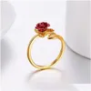 Band Rings Trendy Red Rose Garden Flower Leaves Open Ring Resizable Finger For Women Valentines Day Gift Jewelry Drop Delivery Dhgnd