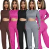 2023 Fall Yoga Active Tracksuit Women Casual Two Piece Set Solid Color Long Sleeve T-shirt Crop Top And Wide Leg Straight Pants Sweatsuit Outfit