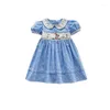 Robes de fille Style coréen dessin animé Plaid bleu bébé robe col rabattu Patchwork manches bouffantes été mignon enfants robes