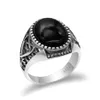 925 Sterling Silver Vintage Men Ring with Black Agate Stone Ring Double Swords Thai Silver Style for ManTurkish Handmade Jewelry3034