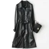 Women's Leather 2023 Coat äkta jacka Kvinnor Vintage Natural Sheepskin med Belt Long Spring Autumn Trench Female 28214
