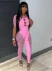 Women's Jumpsuits Rompers Summer Outfits Streetwear Jumpsuits Women Short Sleeve Bodycon Rompers Jumpsuit Skinny Pink Mesh See Though One-piece Overalls L230926