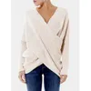 Mulheres suéteres pulôver mulheres camisola de malha outono inverno elegante v pescoço solto oversized jumper tops inclinado irregular hem lã 230925