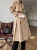 Womens Wool Blends Korean Fashion Trench Jackets With Belt Women Elegant Double Breasted Khaki Windbreaker Casual Long Overcoat Streetwear 230925