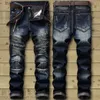 Erkek kot pantolon moda yeni bisikletçi kot pantolon erkekler sıkıntılı streç yırtılmış hip hop ince uyum delikleri punk denim pamuk pantolon l230926