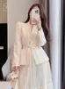 Two Piece Dress H Han Queen Autumn Skirt Suit Women Elegant Korean Lace-Up Fashion Blazer Long Mesh Skirt Casual Evening Party 2-Piece Set 230925