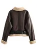 Womens Leather Faux TRAF Winter Womans Fashion Thick Warm Shearling Jacket Coat Vintage Long Sleeve Belt Hem Female Outerwear Chic Tops 230925