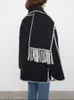 Women's Wool Blends Women Fringe Scarf Collar Coat Double-sided Woolen Single Breasted Autumn Winter Loose Embroidery Trim Female Casual Jacket 230926