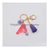 Porte-clés Longes Mode Résine Flash Rose 26 Lettre Clash Couleur Mosaïque Pompon Pendentif Colle Pourpre Mot Anglais Porte-clés Drop Livrer Dhe9C